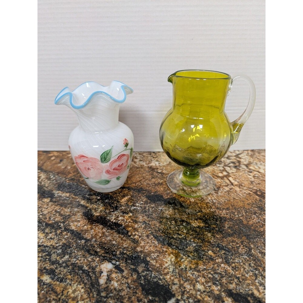MCM clear & green glass footed pitcher c.1960s & Fenton Swirl Vase